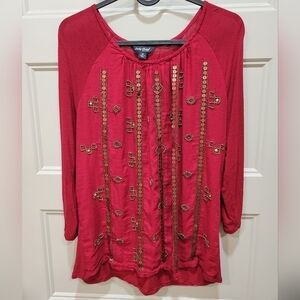 Lucky Brand Sequined Soft Stretch Red Gold 3/4 Sleeve Beaded Embroidered